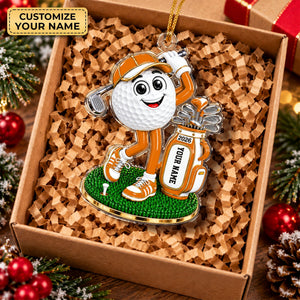 Custom Name Orange Golf Ball Mascot Acrylic Ornament, Christmas Gifts, Golfer Gifts