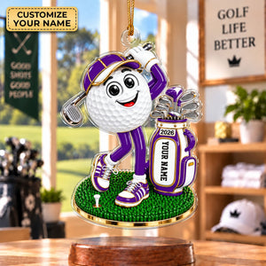 Custom Name Purple Golf Ball Mascot Acrylic Ornament, Christmas Gifts, Golfer Gifts