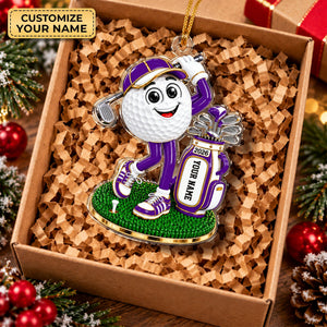 Custom Name Purple Golf Ball Mascot Acrylic Ornament, Christmas Gifts, Golfer Gifts