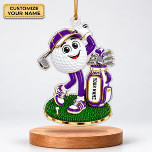 Custom Name Purple Golf Ball Mascot Acrylic Ornament, Christmas Gifts, Golfer Gifts