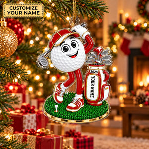 Custom Name Red Golf Ball Mascot Acrylic Ornament, Christmas Ornaments, Golf Gifts