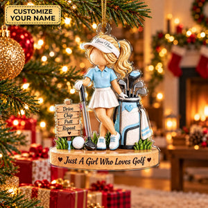 Custom Name Blue Golf Girl Acrylic Ornament, Christmas Tree Decor, Golfer Gifts