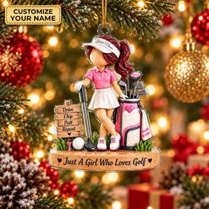 Custom Name Pink Golf Girl Acrylic Ornament, Christmas Ornaments, Golf Gifts