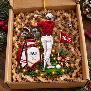 Custom Name Red Male Golfer Acrylic Ornament, Christmas Ornaments, Golf Gifts