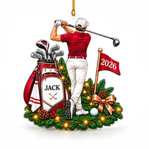 Custom Name Red Male Golfer Acrylic Ornament, Christmas Ornaments, Golf Gifts