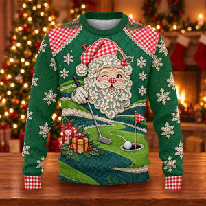 Winking Santa Golf Green Ugly Christmas Sweater, Ugly Sweater Party, Golf Lover Gifts
