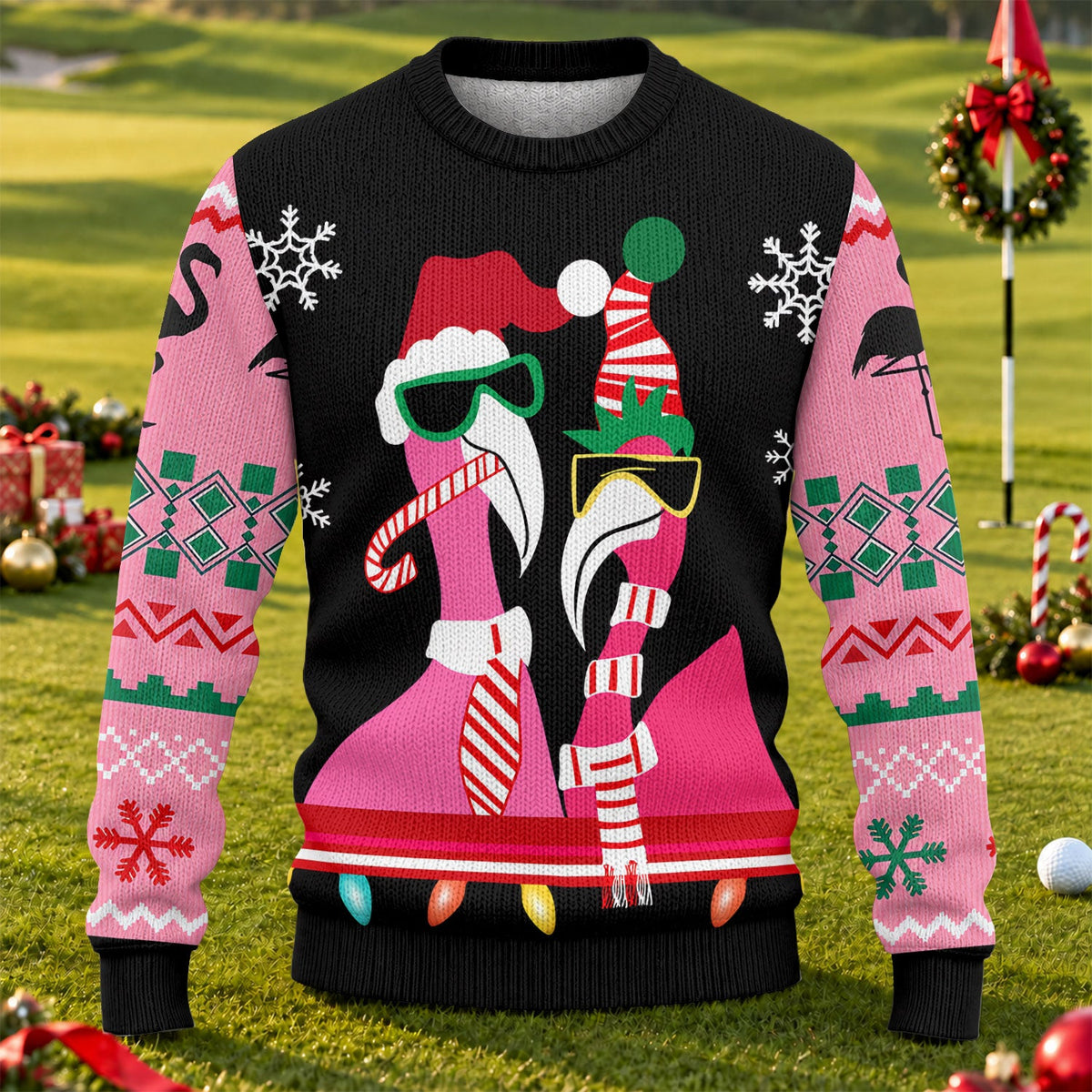 Pink Flamingo Santa Hat Ugly Christmas Sweater, Golf Lover Gifts, Christmas Golf Gift