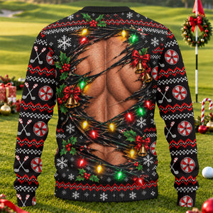 Ripped Muscle Abs Lights Ugly Christmas Sweater, Funny Xmas Gift, Christmas Golf Gift