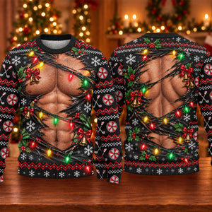 Ripped Muscle Abs Lights Ugly Christmas Sweater, Funny Xmas Gift, Christmas Golf Gift