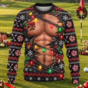 Ripped Muscle Abs Lights Ugly Christmas Sweater, Funny Xmas Gift, Christmas Golf Gift