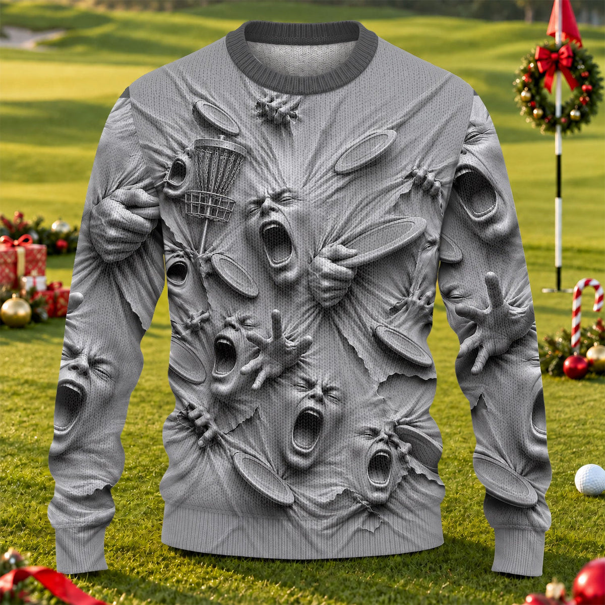Screaming Faces Disc Golf Ugly Christmas Sweater, Ugly Sweater Party, Funny Xmas Gift