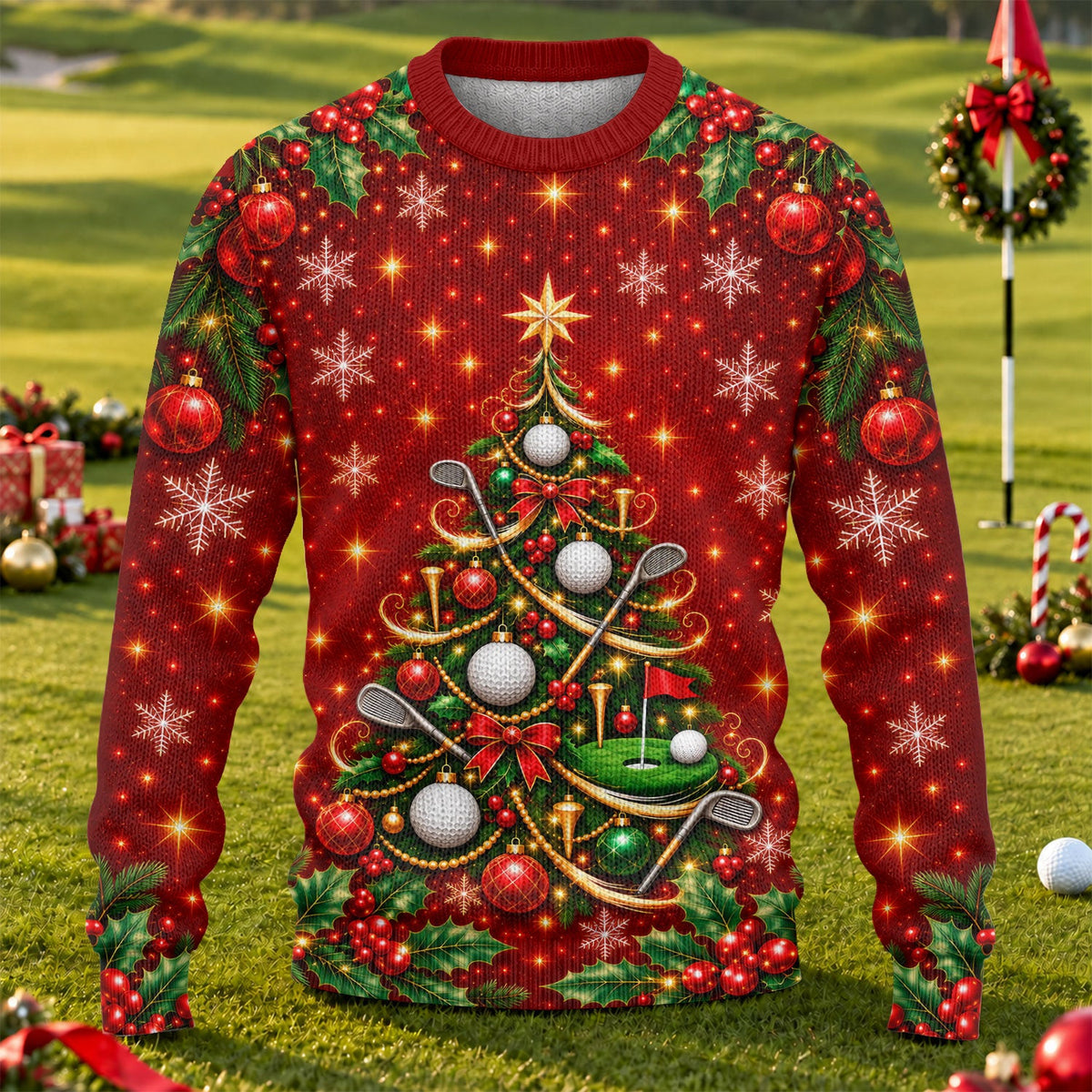 Golf Balls And Clubs Tree Ugly Christmas Sweater, Christmas Gifts, Ugly Sweater Party