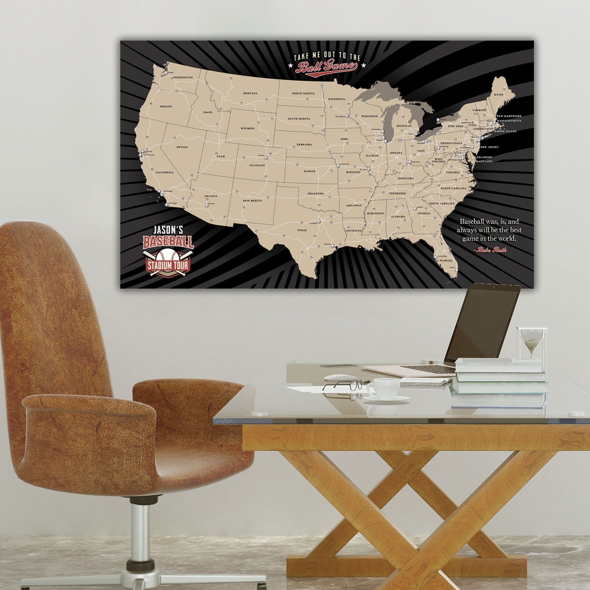 Take Me Out To The Ball Game Custom Baseball Stadium Tour Map Canvas Wall Art, Gift For Baseball Lovers