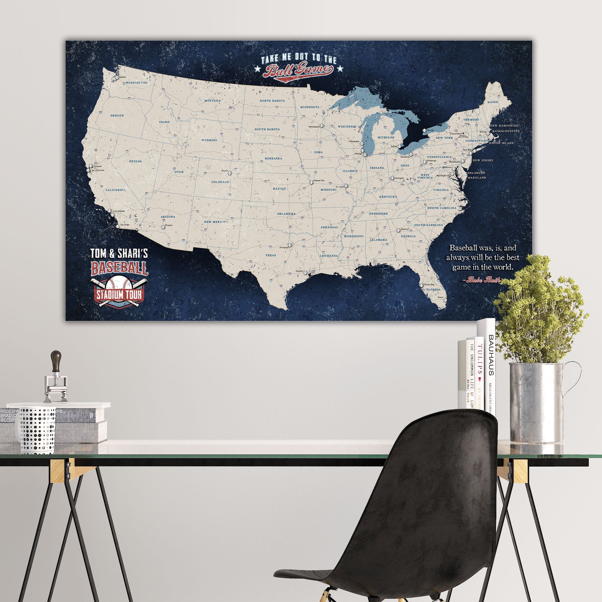 Custom Vintage Baseball Stadium Tour Map Canvas Wall Art, Gift For Baseball Lovers