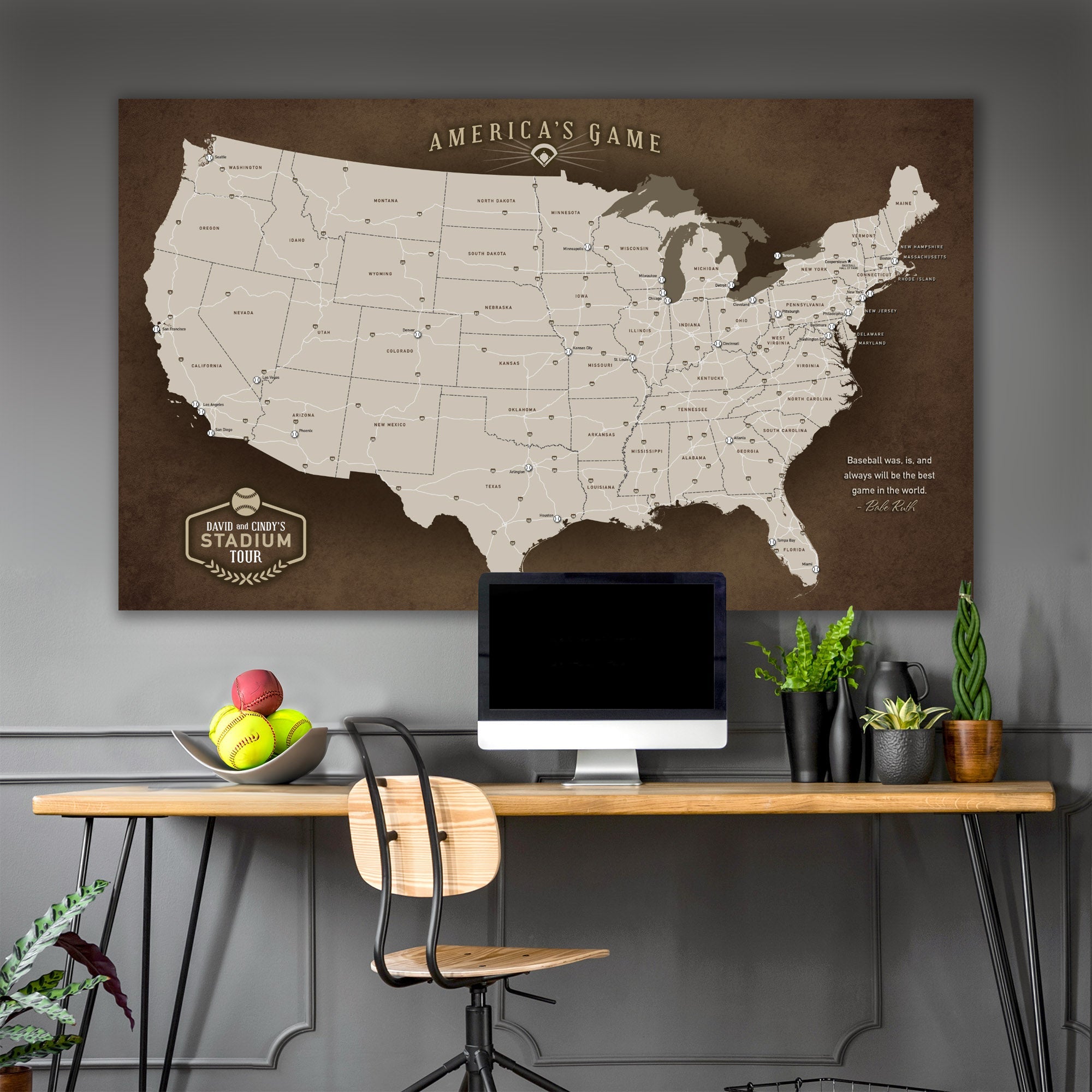 America's Game Custom Baseball Stadium Tour Map Canvas Wall Art, Gift For Baseball Lover