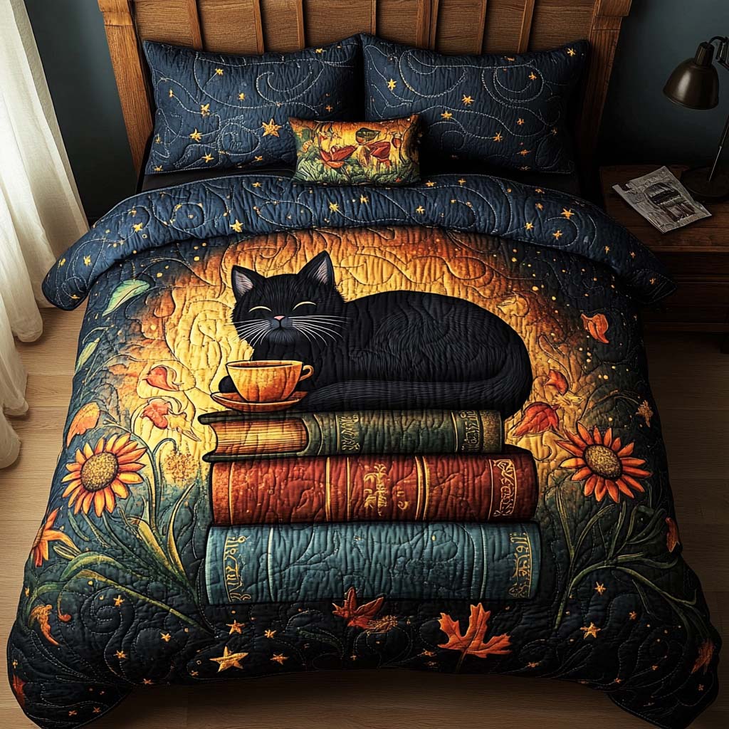 Black Cat Haven 3-Piece Quilted Bedding Set Fall Quilt Sets Pet Lover Gift Fall Decor Gift