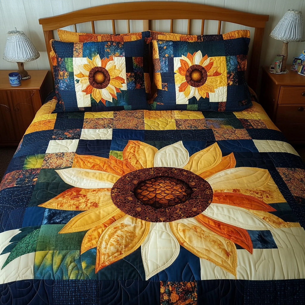Blooming Sunflower 3-Piece Quilted Bedding Set Fall Quilt Sets Nature Lover Gift Fall Decor Gift