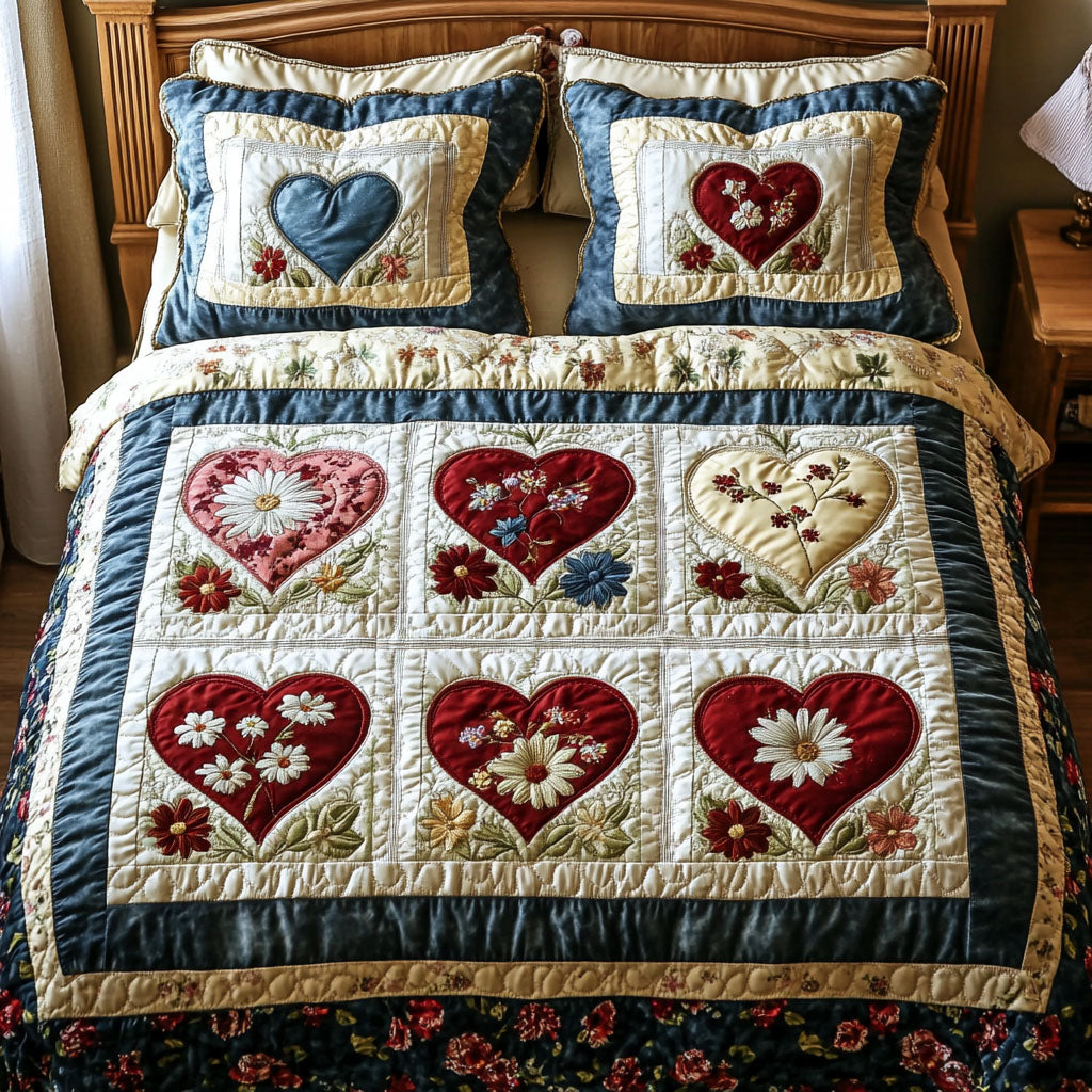 Blooming Hearts Elegance Quilted Bedding Set Fall Quilt Sets Nature Lover Gift Fall Decor Gift