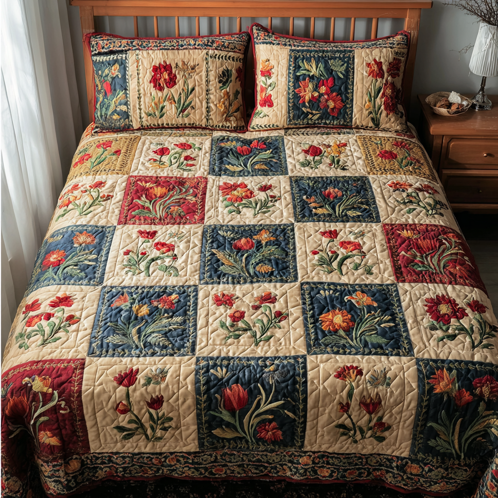 Blossom Field 3-Piece Quilted Bedding Set Bedspread Set Nature Lover Gift Fall Decor Gift