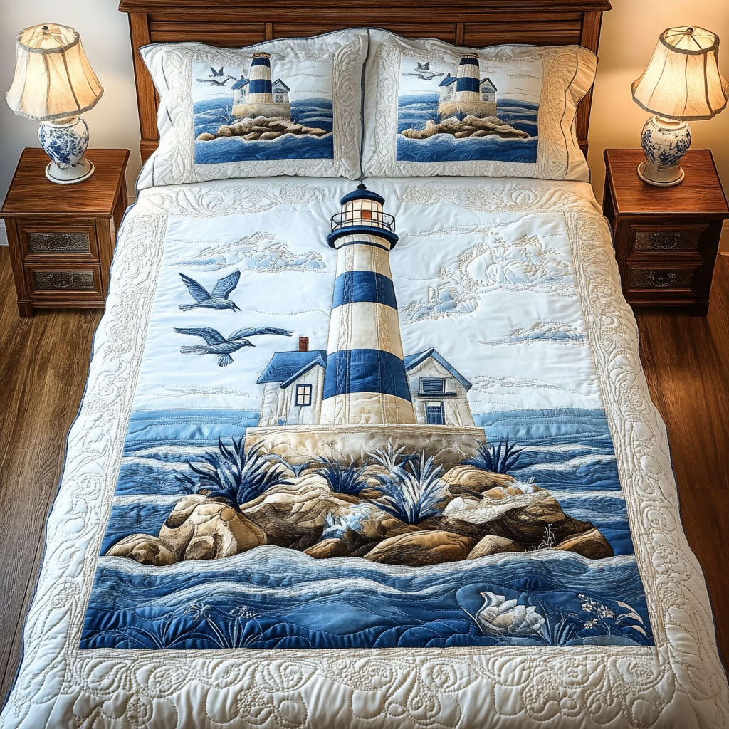 Blue Lighthouse 3-Piece Quilted Bedding Set Quilted Bedspread Housewarming Gift