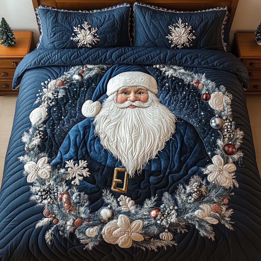 Blue Santa 3-Piece Quilted Bedding Set Fall Quilt Sets Christmas Gift For Her