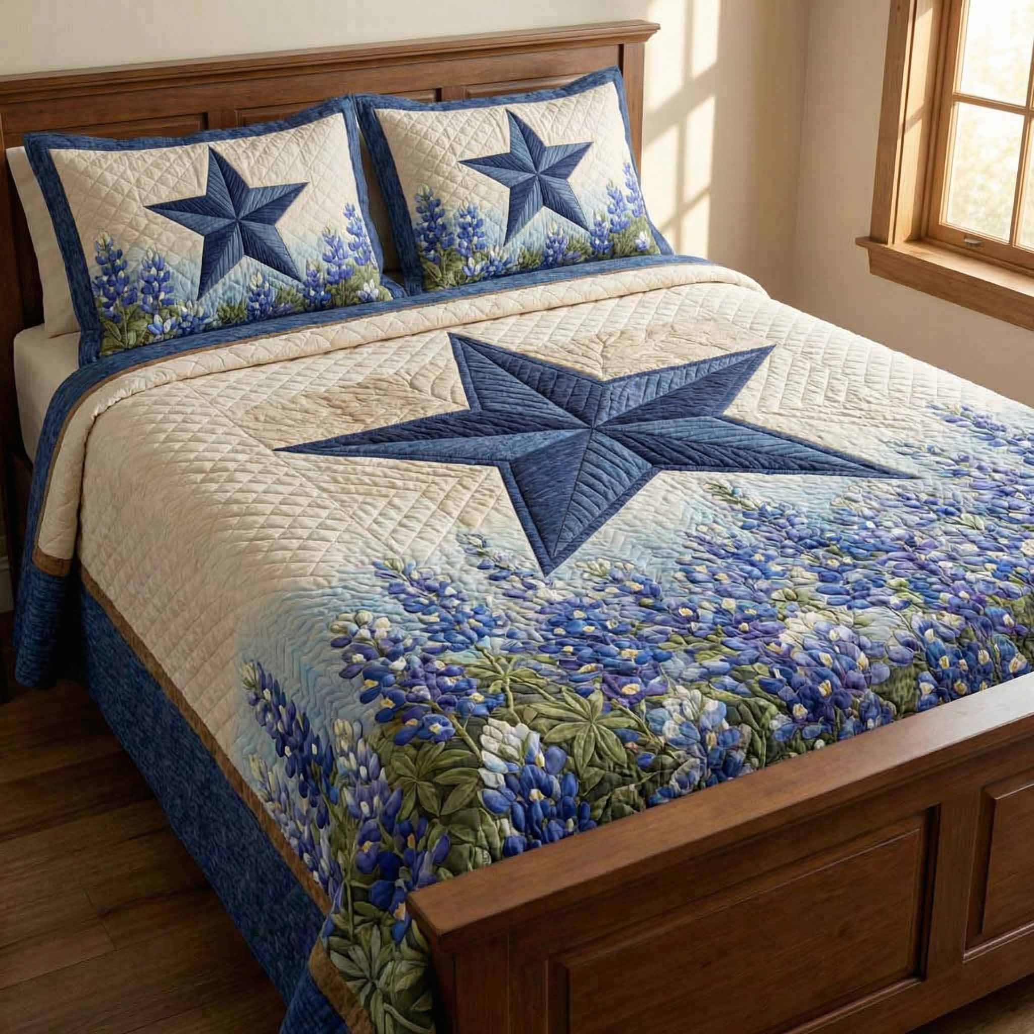 Bluebonnet Star 3-Piece Quilted Bedding Set Bedspread Set Housewarming Gift