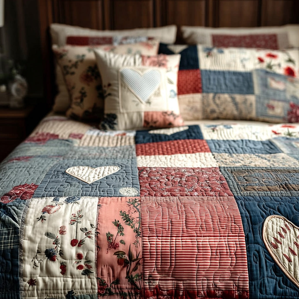 Blush Heart Story Quilted Bedding Set Quilted Bedspread New Home Gift