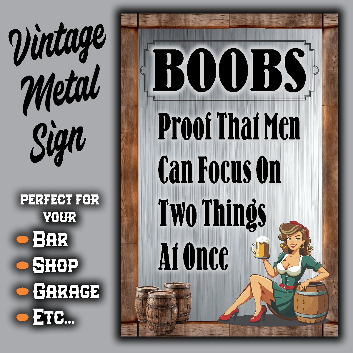 Boobs Proof That Men Can Focus on Two Things at Once Metal Sign, Metal Wall Decor