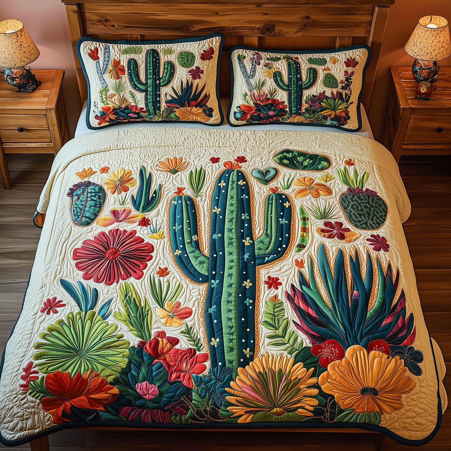 Botanical Cactus 3-Piece Quilted Bedding Set Bedspread Set Nature Lover Gift Fall Decor Gift