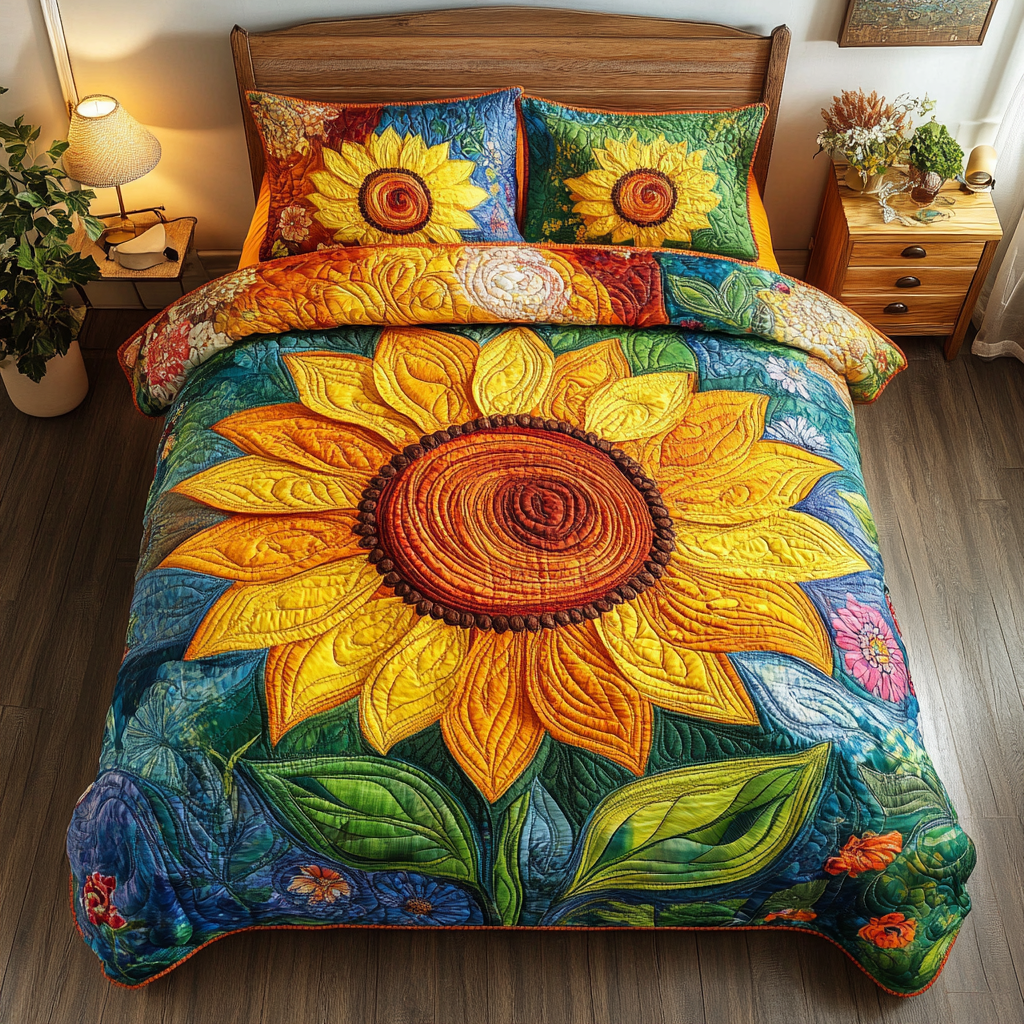 Bright Sunflower Delight Quilted Bedding Set Bedspread Set Nature Lover Gift Fall Decor Gift