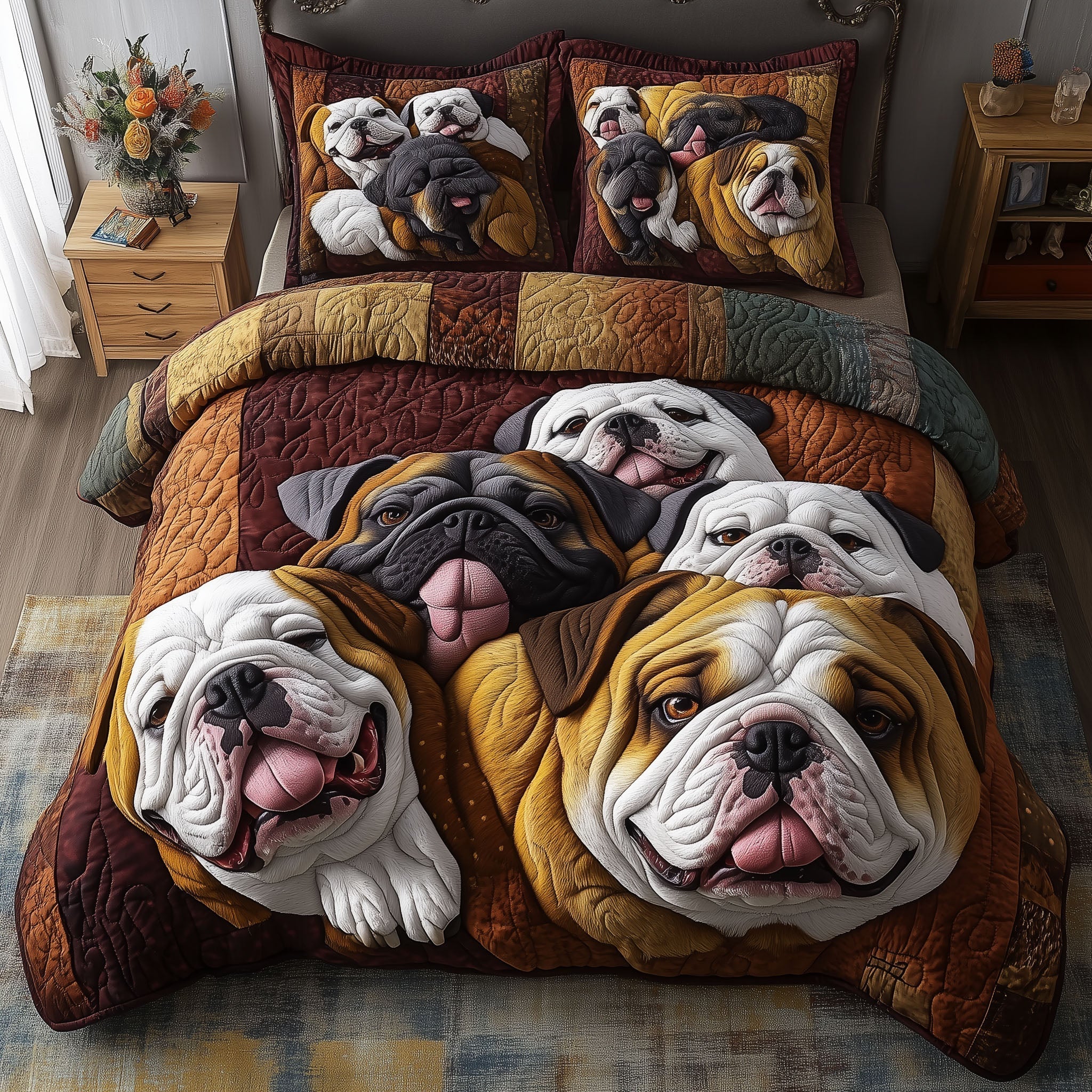 Bulldog Companionship 3-Piece Quilted Bedding Set Fall Quilt Sets Pet Lover Gift Fall Decor Gift