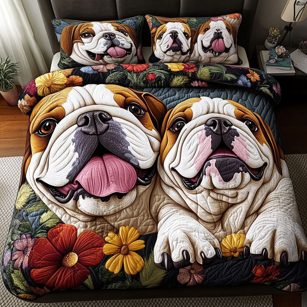 Bulldog Heart Quilted Bedding Set Fall Quilt Sets Pet Lover Gift Fall Decor Gift