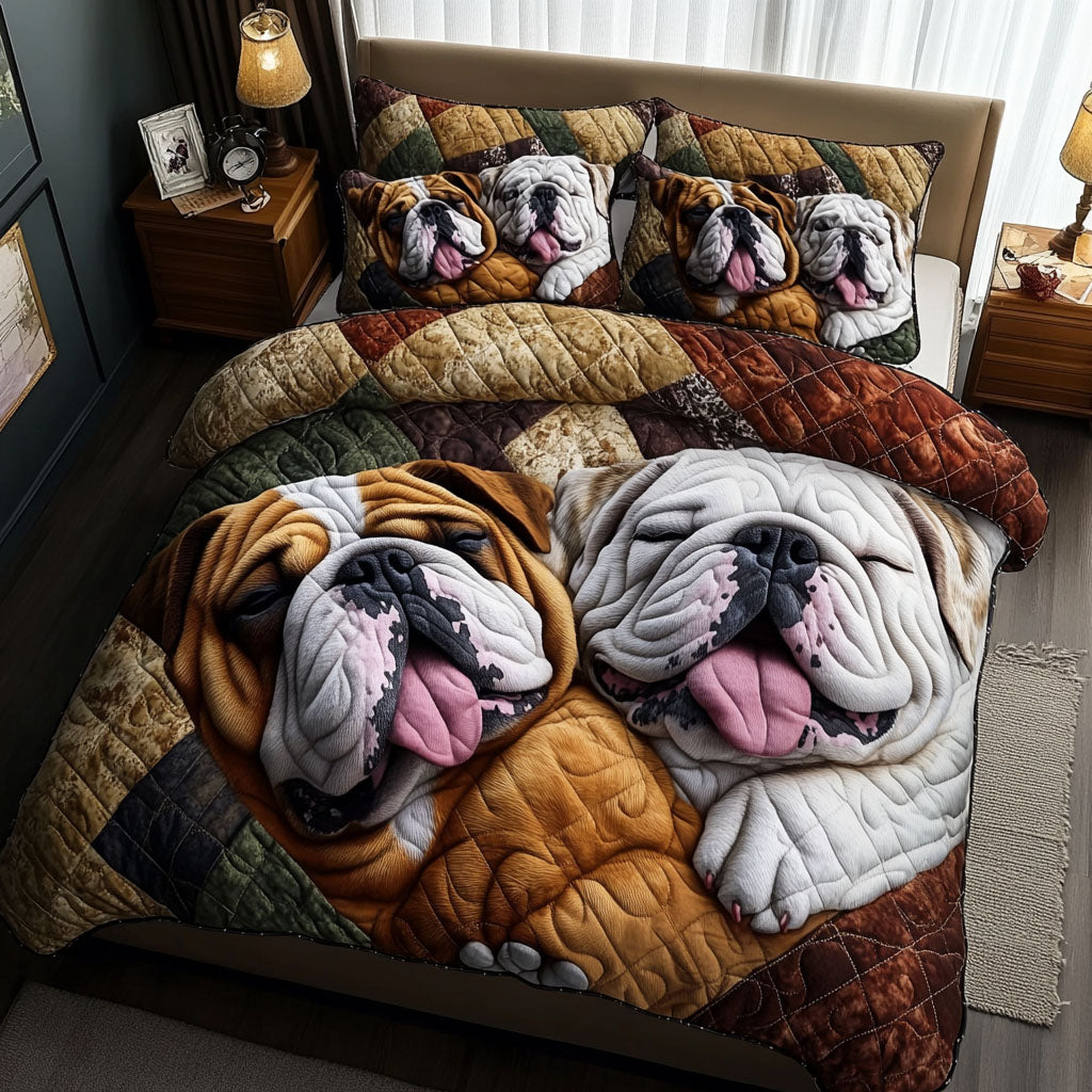 Bulldog Hugs Quilted Bedding Set Quilted Bedspread Pet Lover Gift Fall Decor Gift