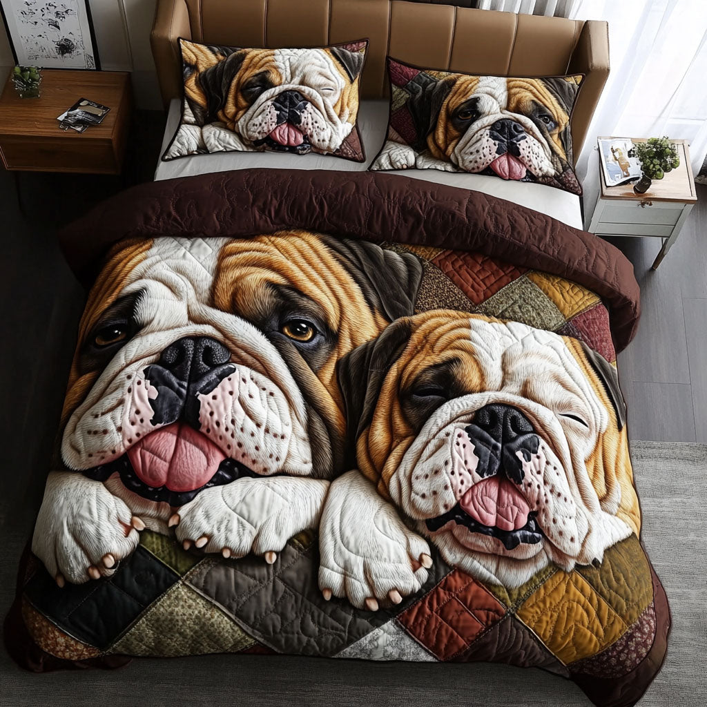 Bulldog Snuggle Quilted Bedding Set Fall Quilt Sets Pet Lover Gift Fall Decor Gift