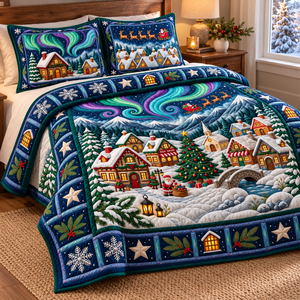 Aurora Christmas Village Quilted Bedding Set - quilted bedding set in bedroom