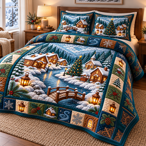 Snowy Cabin Village Quilted Bedding Set - quilted bedding set in bedroom