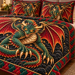 Emerald Red Dragon Quilted Bedding Set - quilted bedding set close-up