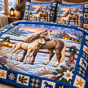 Snowy Horse And Foal Quilted Bedding Set - quilted bedding set close-up