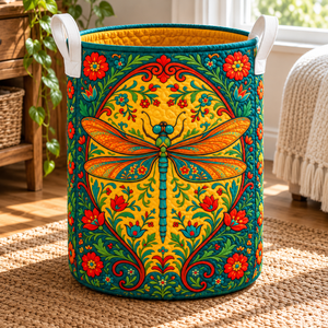 Dragonfly Christmas Gifts quilted laundry hamper in room
