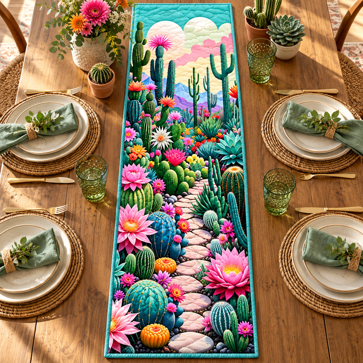 Cactus Flower quilted table runner