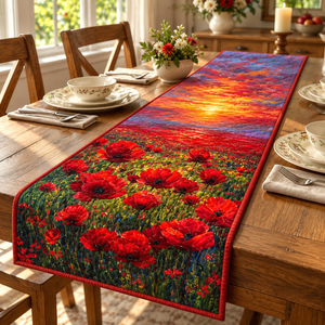 Red Poppy quilted table runner on dining table