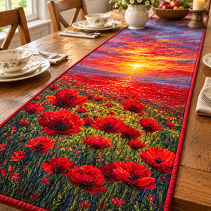Red Poppy quilted table runner close-up