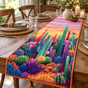 Pink Sunset Cactus quilted table runner on dining table