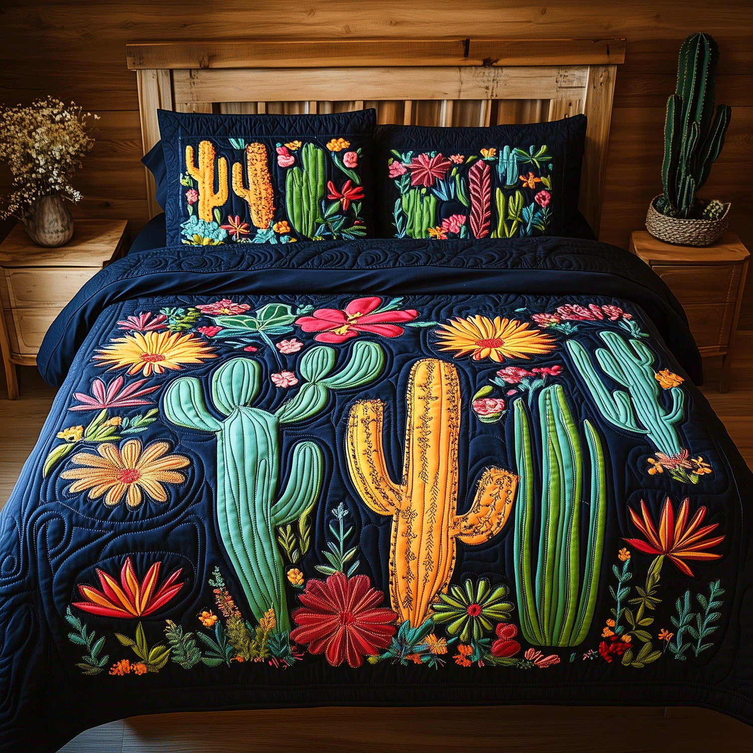Cactus Garden 3-Piece Quilted Bedding Set Lightweight Quilt Set Nature Lover Gift Fall Decor Gift