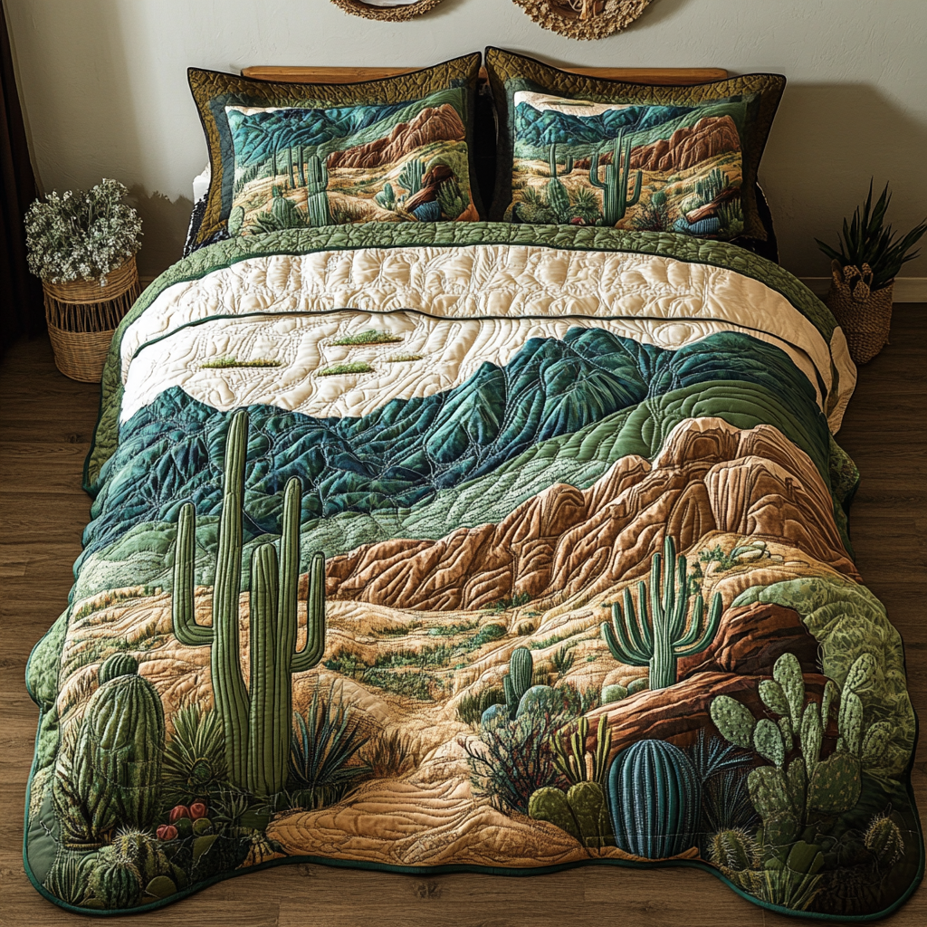 Cactus Bloom 3-Piece Quilted Bedding Set Lightweight Quilt Set Nature Lover Gift Fall Decor Gift