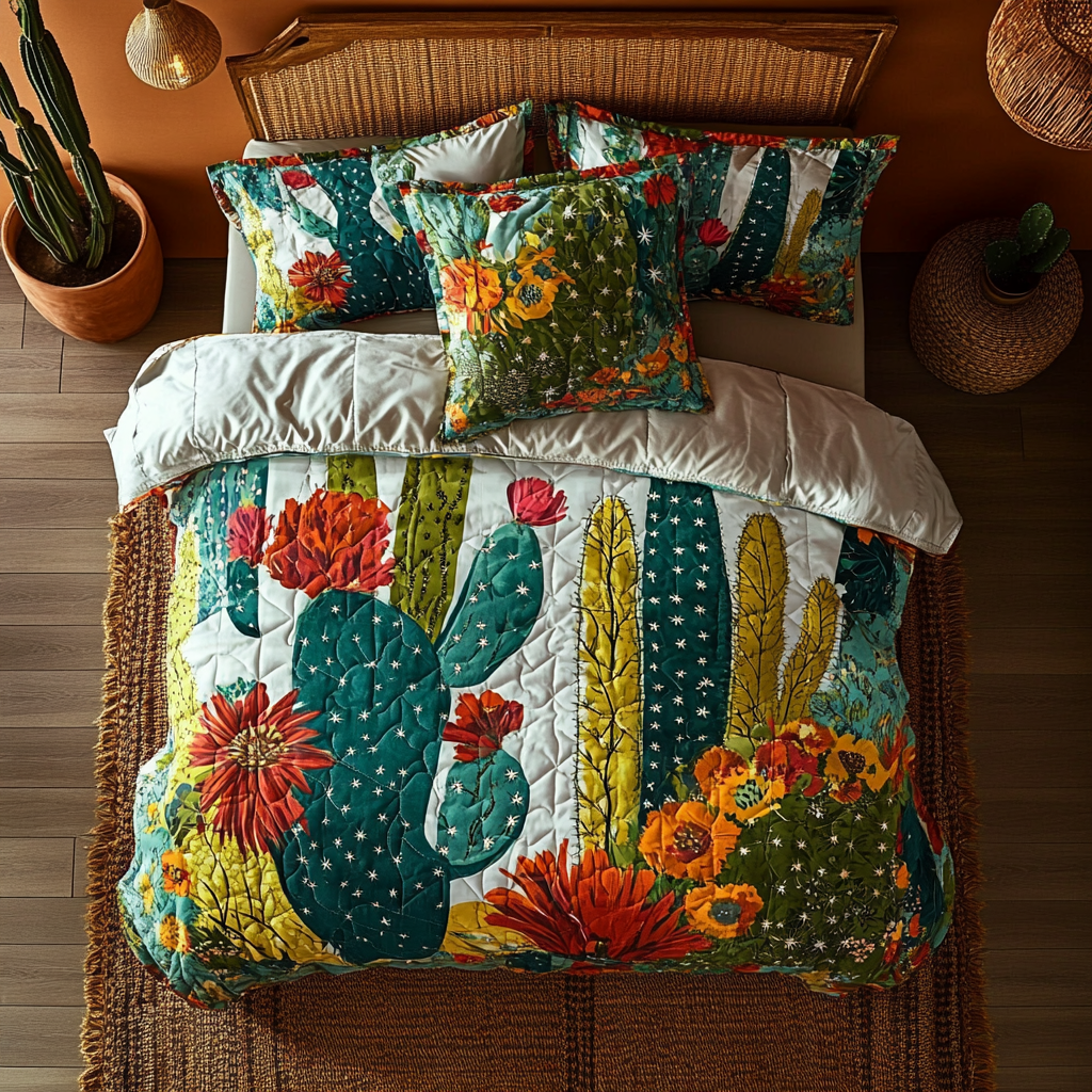 Cactus Bloom Harmony 3-Piece Quilted Bedding Set Lightweight Quilt Set Nature Lover Gift Fall Decor Gift