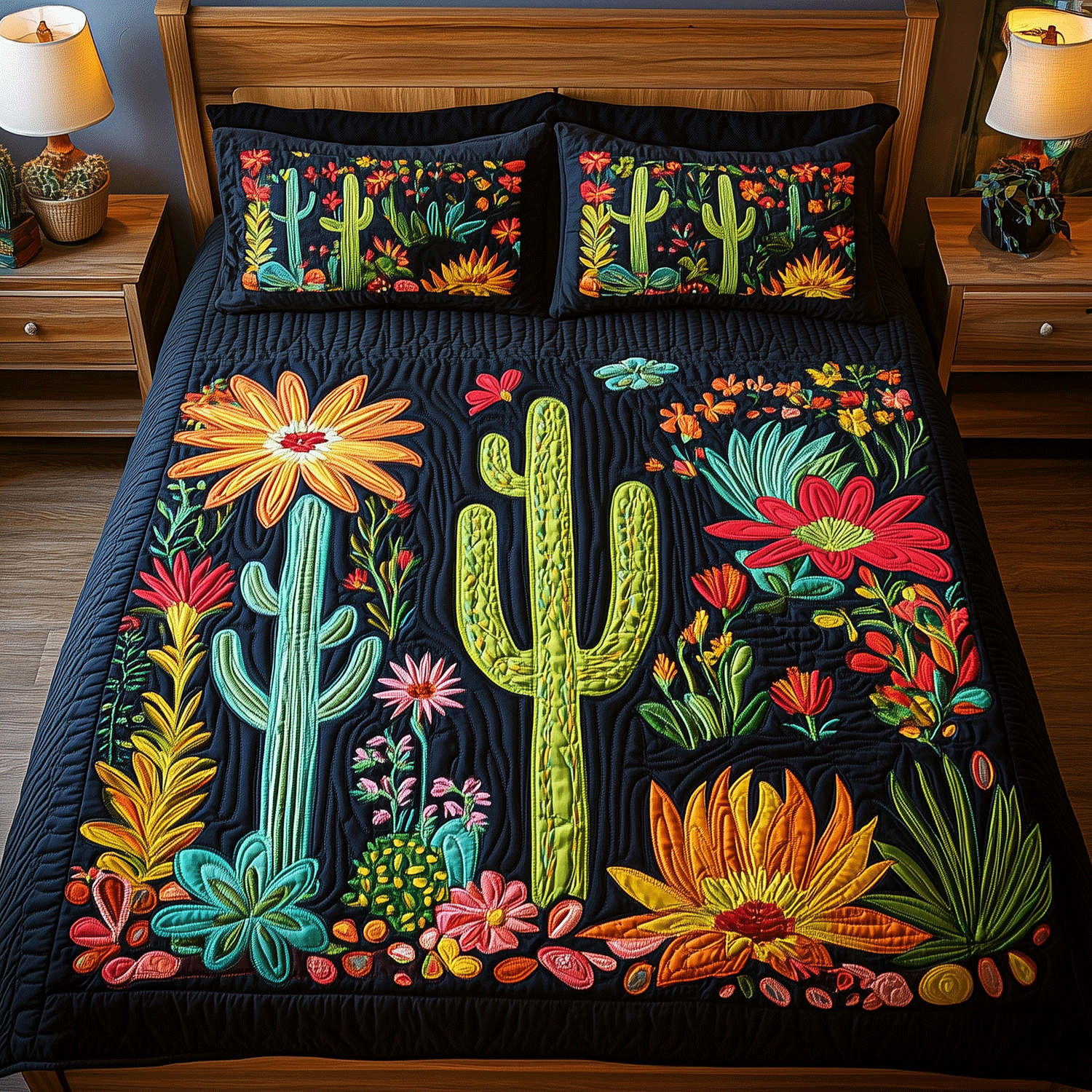 Cactus Paradise 3-Piece Quilted Bedding Set Bedspread Set Nature Lover Gift Fall Decor Gift