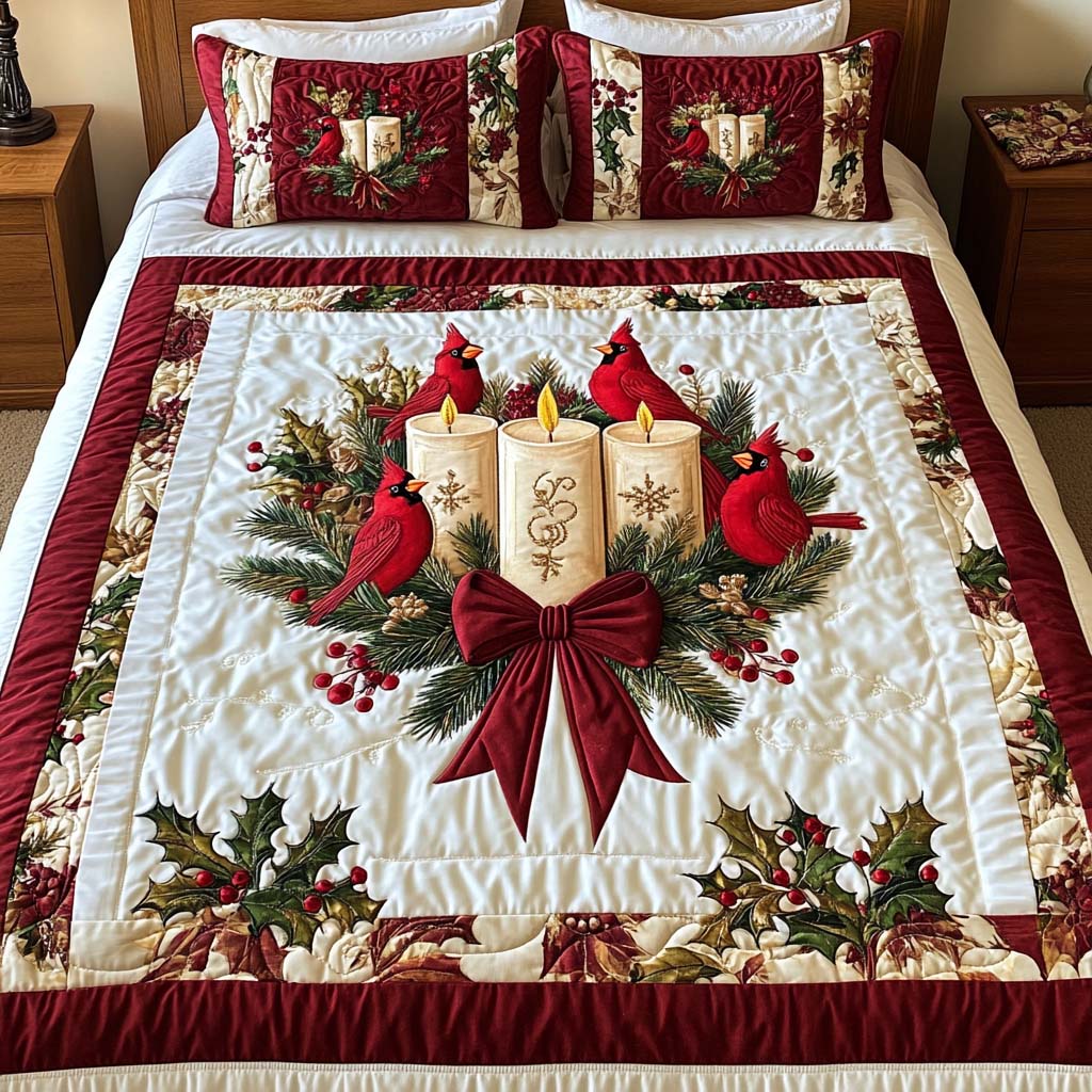 Cardinal Glow 3-Piece Quilted Bedding Set Bedspread Set Christmas Gift For Her