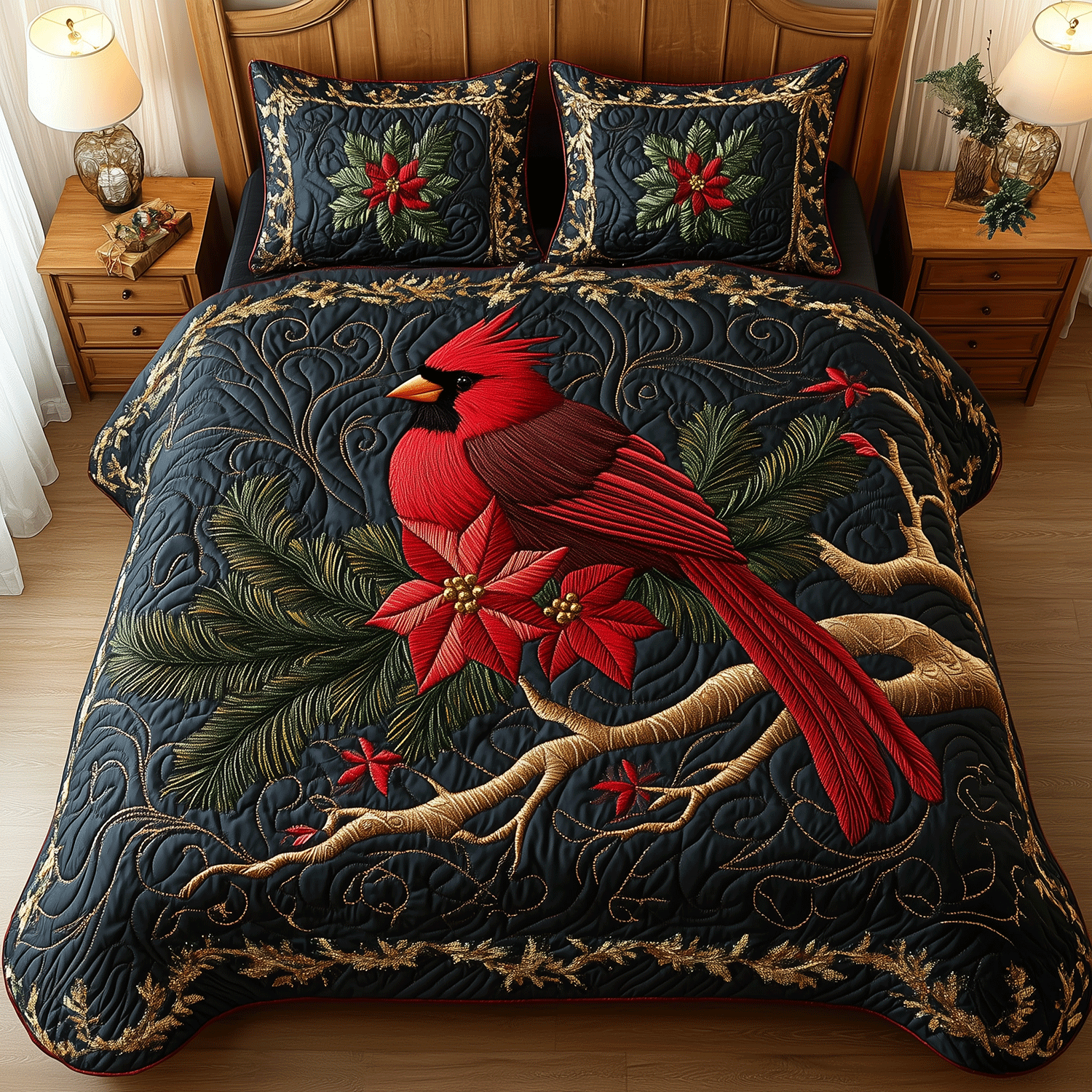 Cardinal Beauty Quilted Bedding Set Fall Quilt Sets Christmas Gift For Her