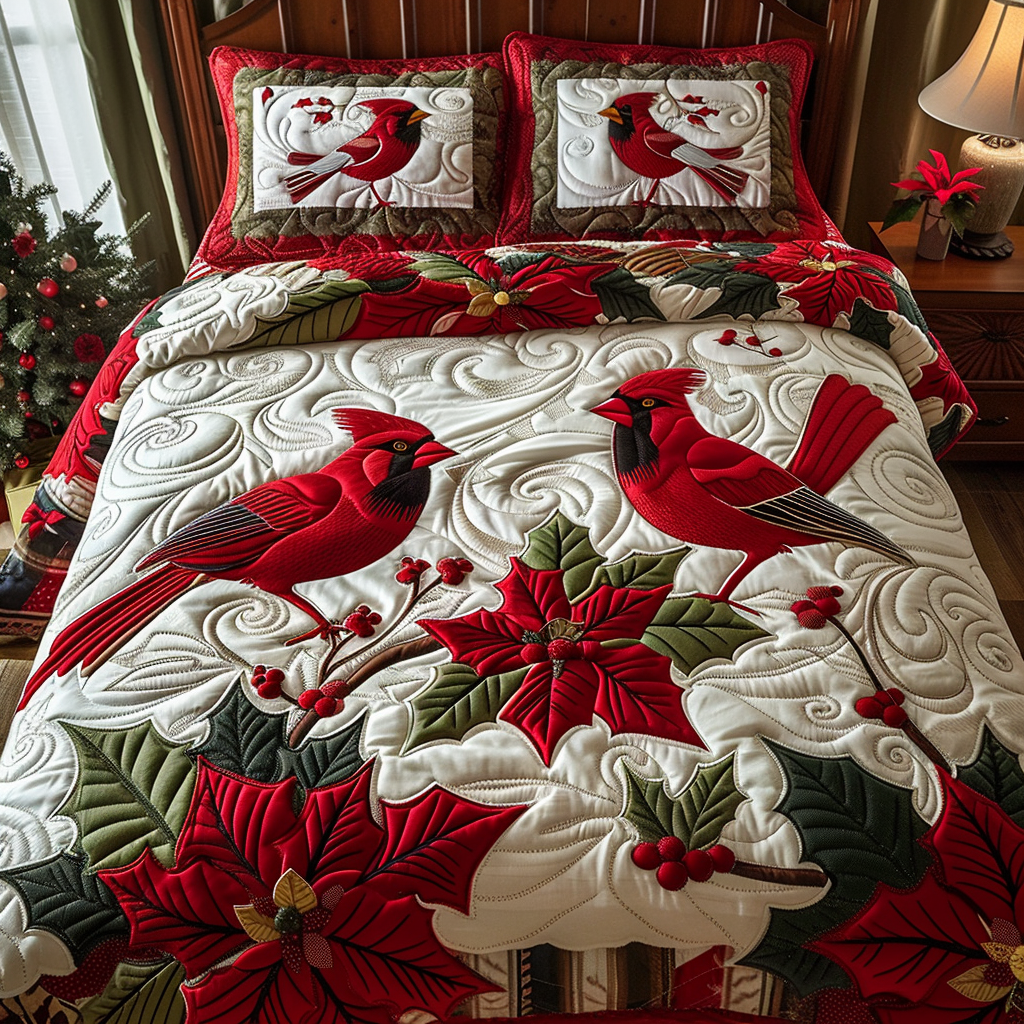 Cardinal Couple Quilted Bedding Set Quilted Bedspread Christmas Gift For Her